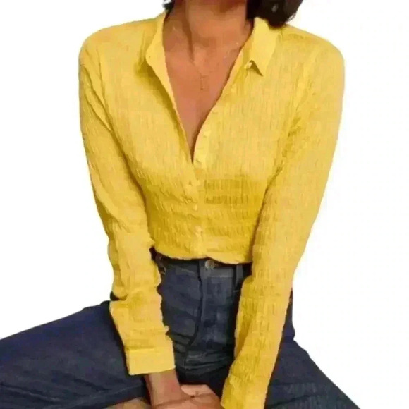 Everlane Yellow Smocked Button Up Blouse Size 10 - Picture 2 of 11